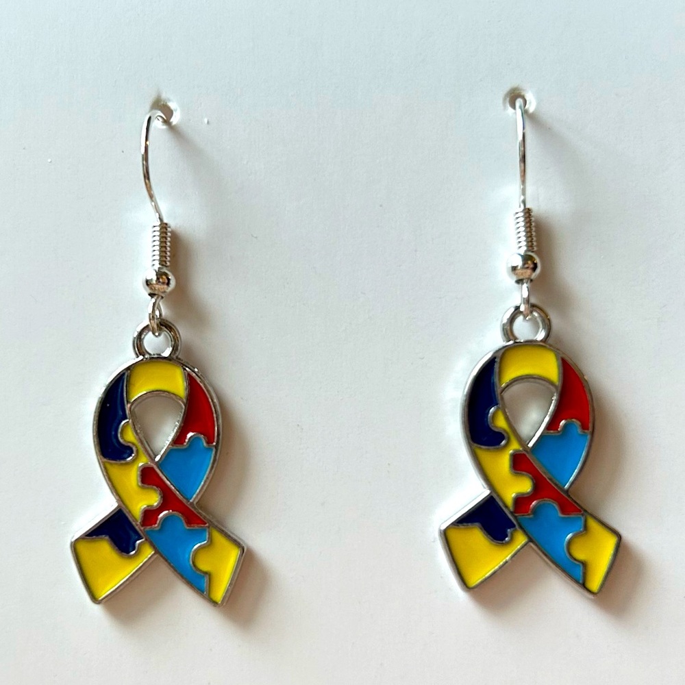 Handmade Autism Awareness Metal Ribbon Earrings - 1” Drop - Hypoallergenic - New